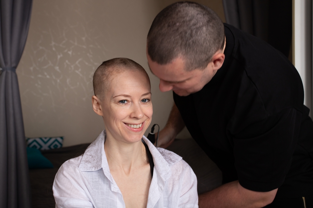 Smiling Bald Woman After Shaving Head.emotional Support And Care During