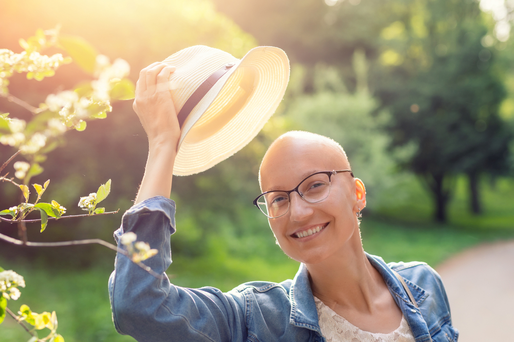 Happy Young Caucasian Bald Confident Hipster Woman Take Off Hat