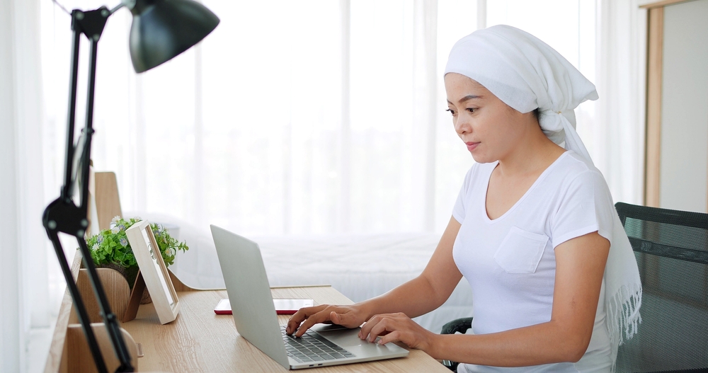 Asian Patient Cancer Woman In Headscarf Use Laptop Consulting Health