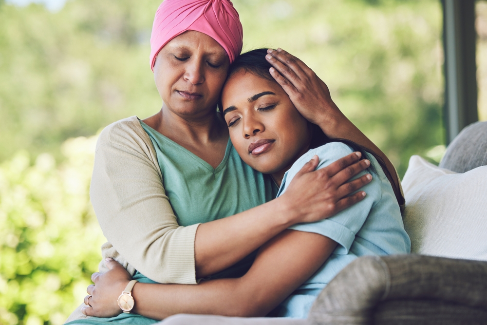 Family Old Woman Hugging Her Daughter And Cancer With Sad