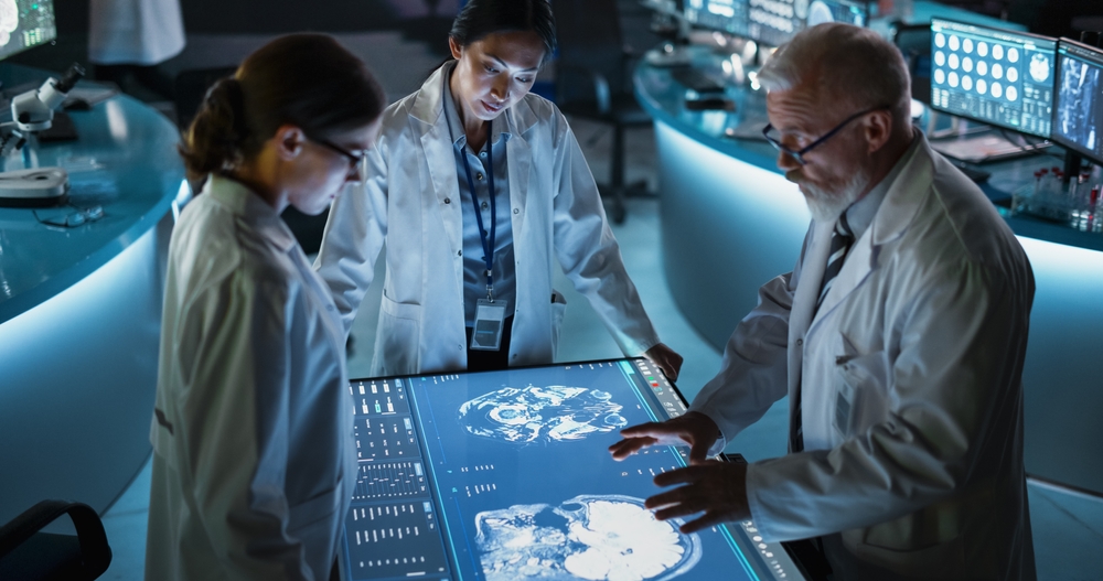 Modern Hospital Medical Cancer Research Center: Diverse Scientists Gathered Around