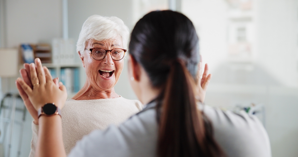 Medical Worker Old Person And High Five For Happiness With
