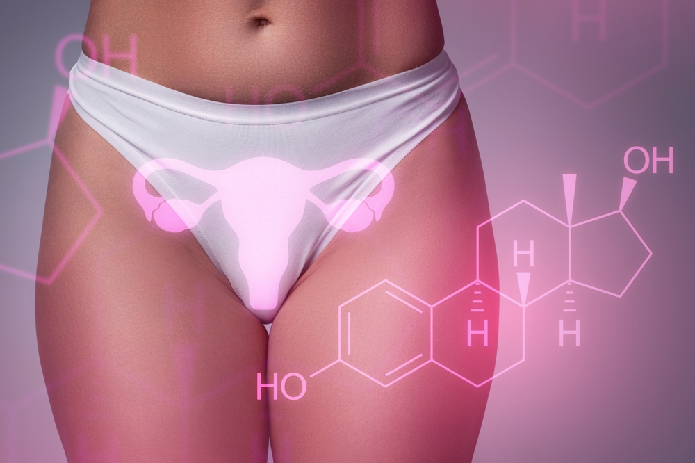 Ovaries,And,Estrogen,Concept,With,Hormone,Formula,Overlay,On,Female