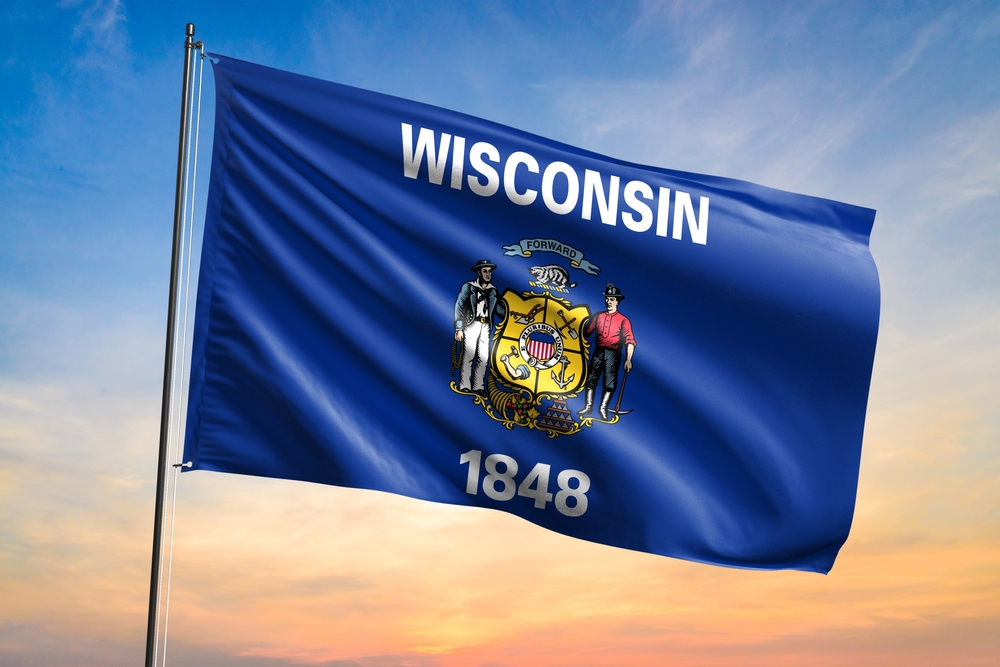 Flag Of Wisconsin Waving Flag Sunset View