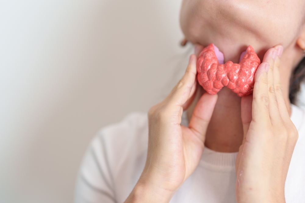 Woman Holding Human Thyroid Anatomy Model With Her Neck. Hyperthyroidism